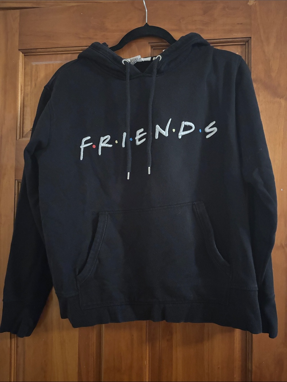 FRIENDS Black Crewneck Hoodie with White Logo and Colored Dots